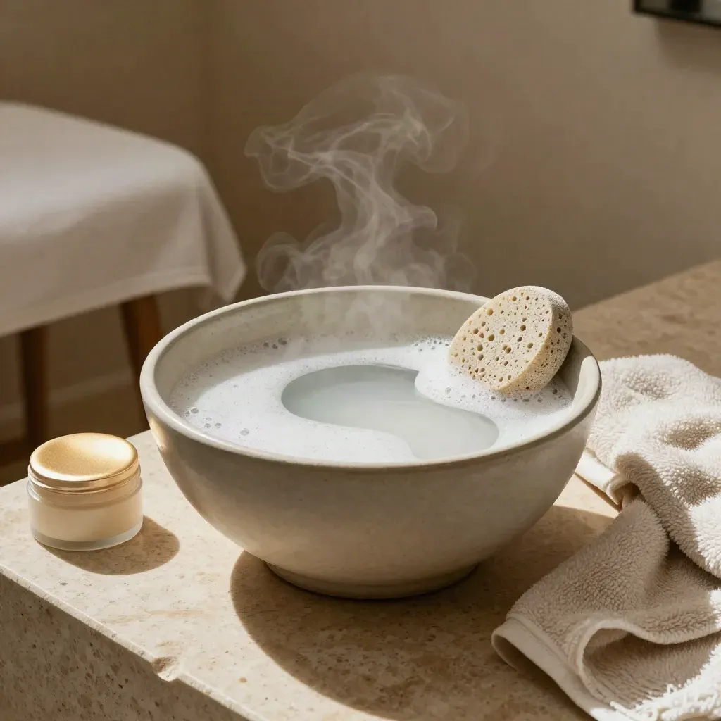 Cuenco de pedicura con espuma, sal, piedra pómez, toalla y crema en un rincón cálido.