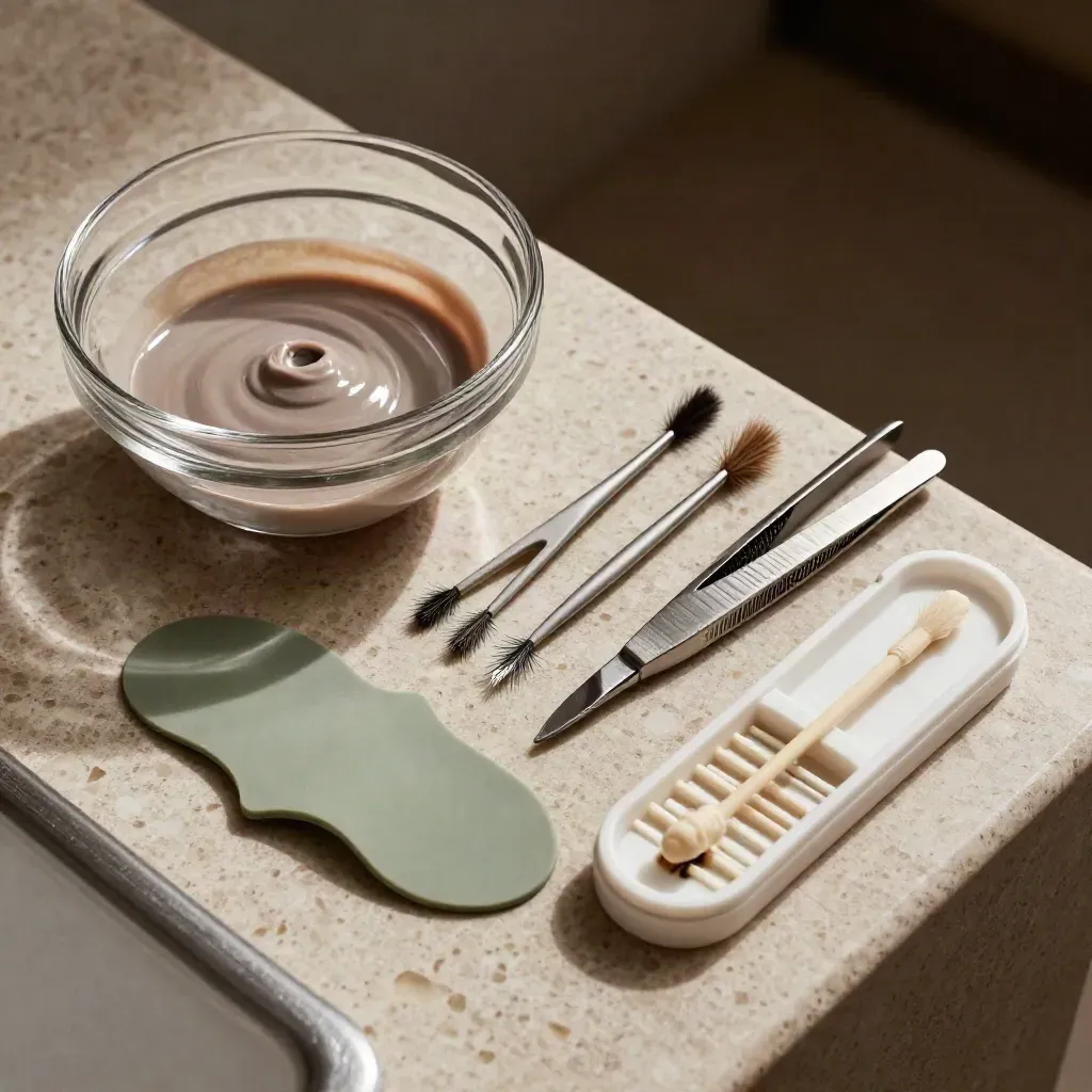 Cuenco de tinte, cepillos, pinzas y pads de silicona sobre bandeja de lifting en tono salvia.