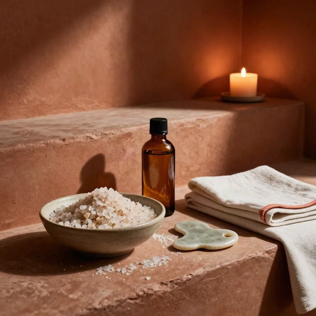 Mesa de ritual corporal con sal exfoliante, aceite, gua sha, lino y vela apagada en luz cinematográfica.