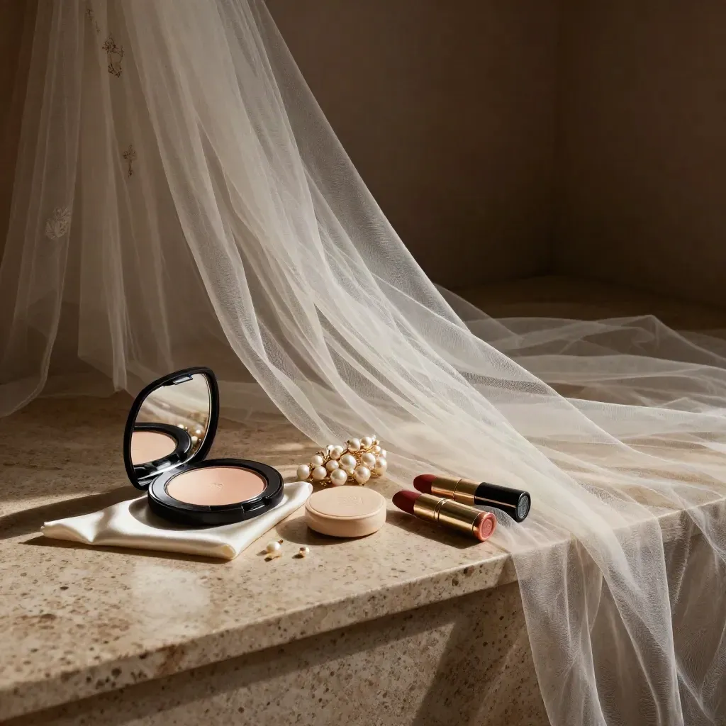 Kit nupcial abierto con velo de tul, compacto, sombras y accesorios elegantes sobre piedra travertina.