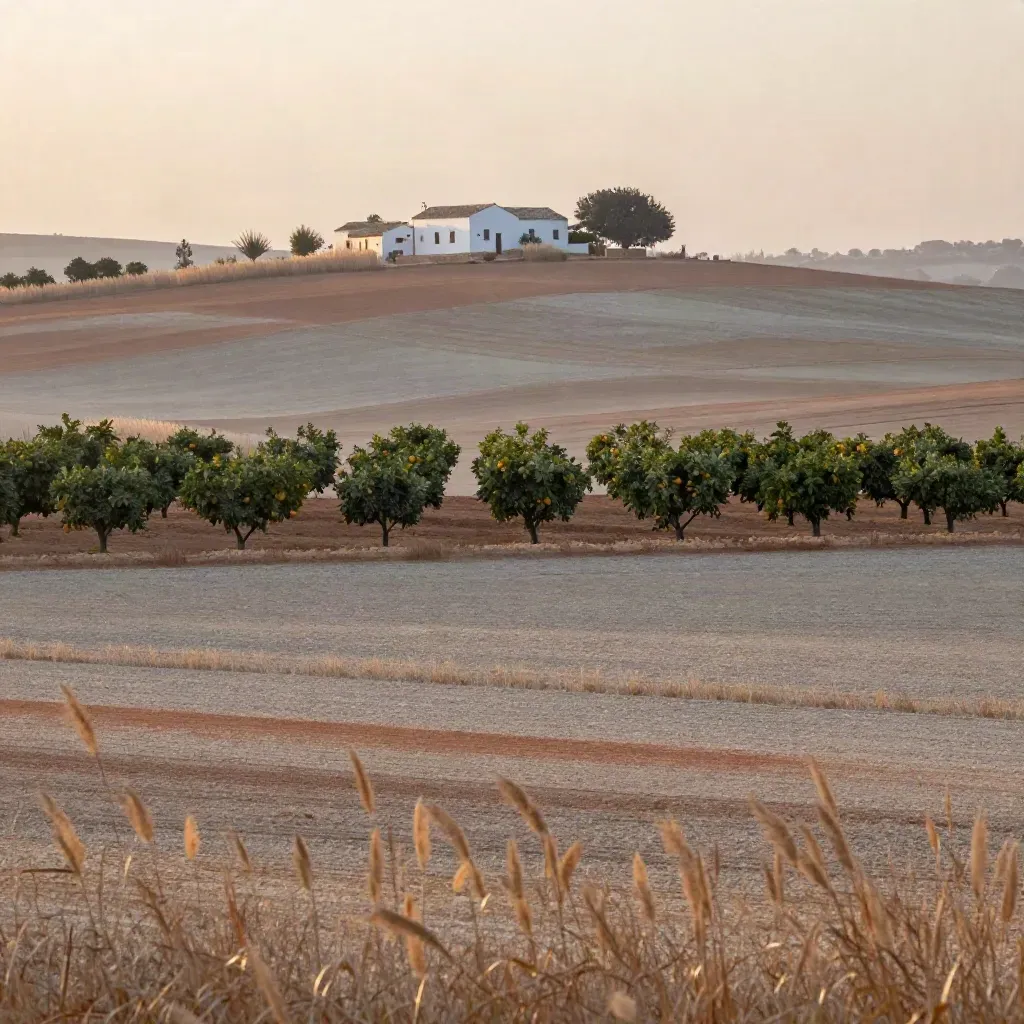 Huerta del Horta Nord con alquería blanca, acequias y naranjos bajo bruma suave.